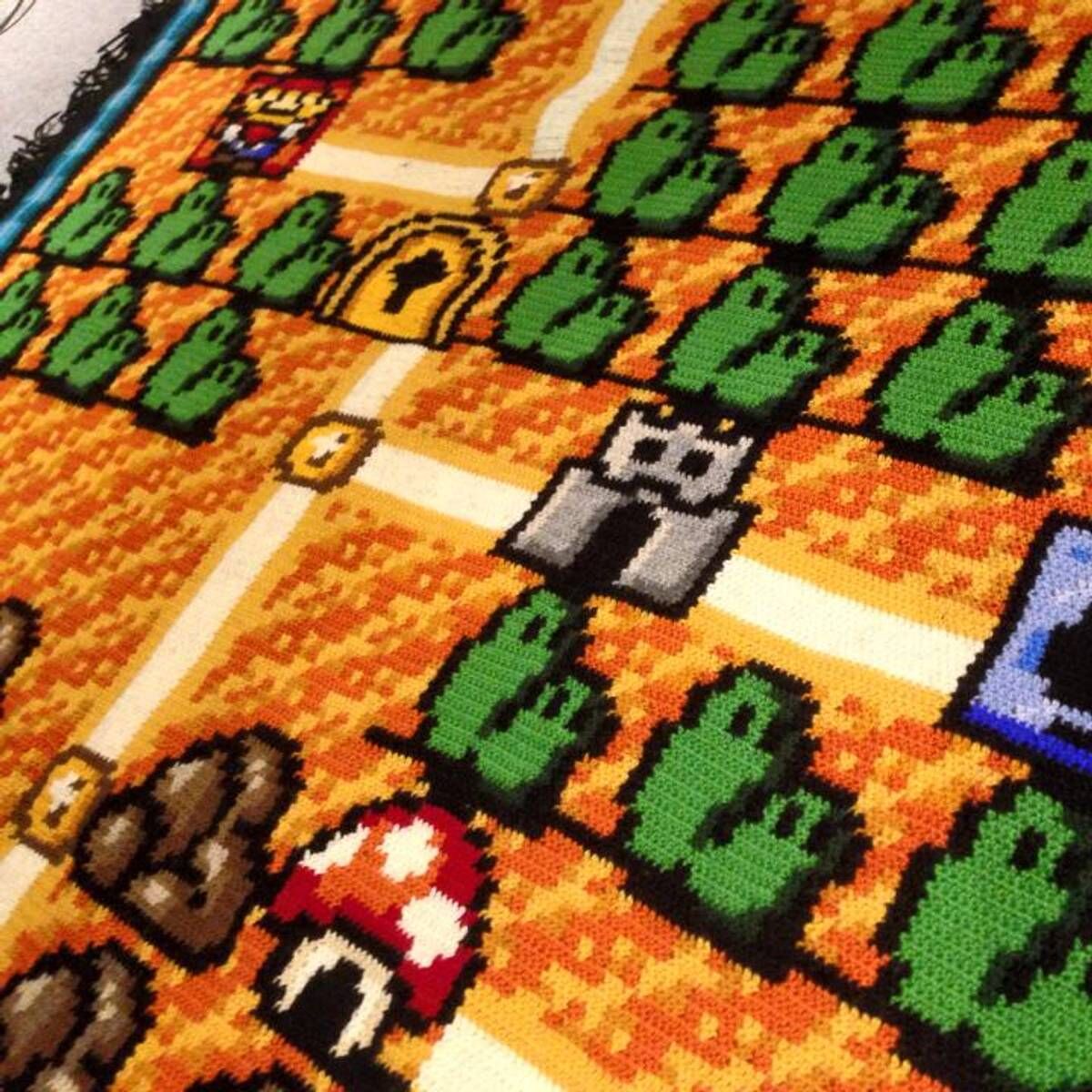 Close-up of the crocheted Super Mario Bros 3 map blanket